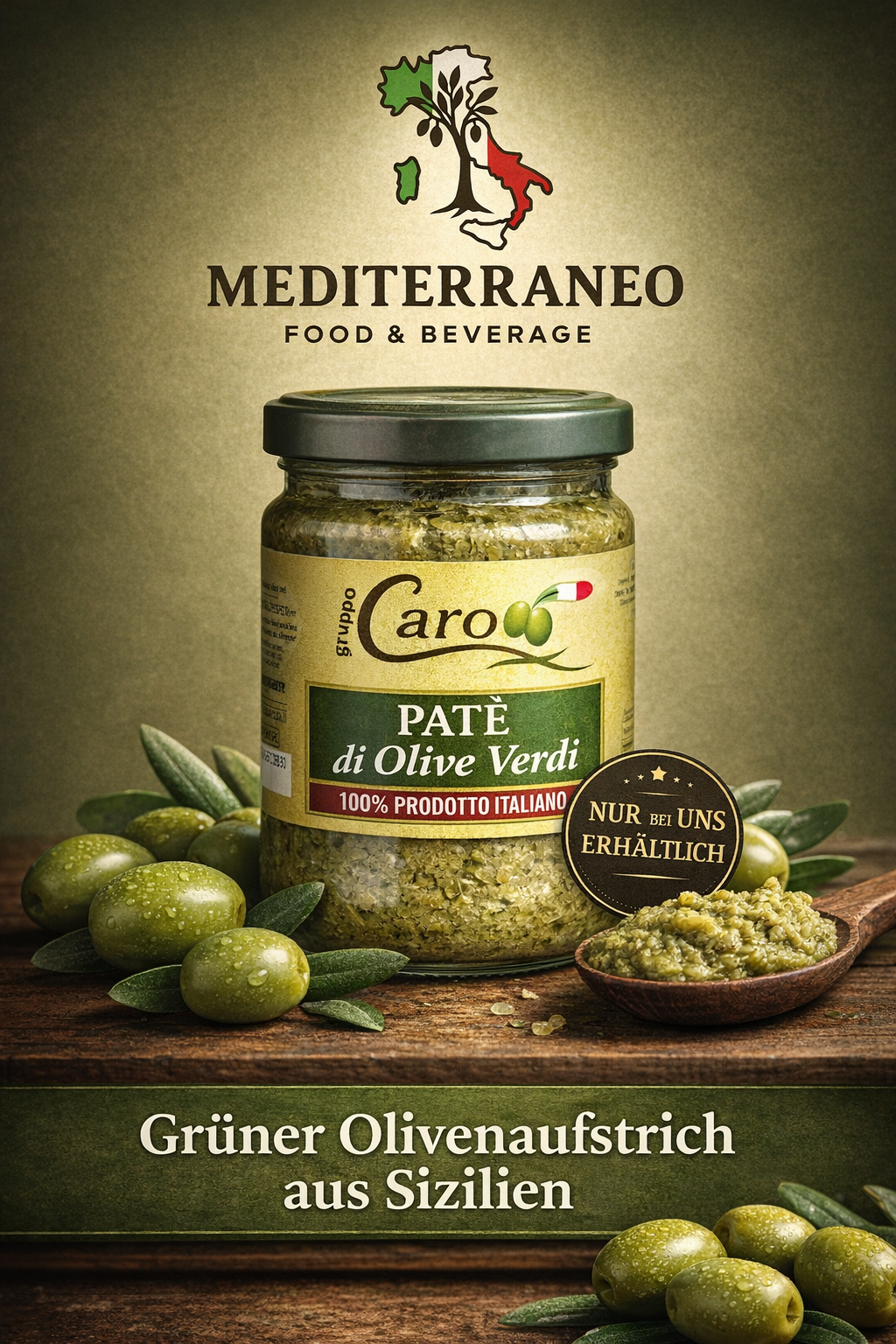 Grüner Olivenaufstrich aus Sizilien (Paté di Olive Verdi) 190g